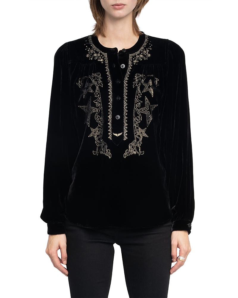 Zadig & Voltaire Tigy Embroidered Velvet Popover Shirt In Black