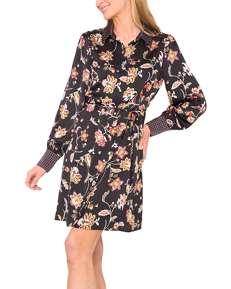 Cece Mixed Print Tie Waist Long Sleeve Shirtdress In Black