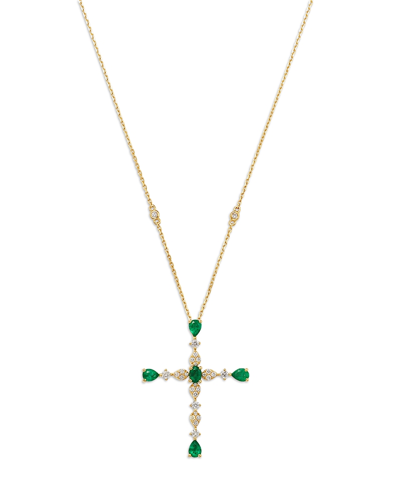 Bloomingdale's Fine Collection Emerald & Diamond Cross Pendant Necklace In 14k Yellow Gold In Multi