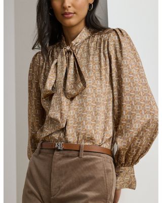Geo-Print Twill Tie-Neck Blouse