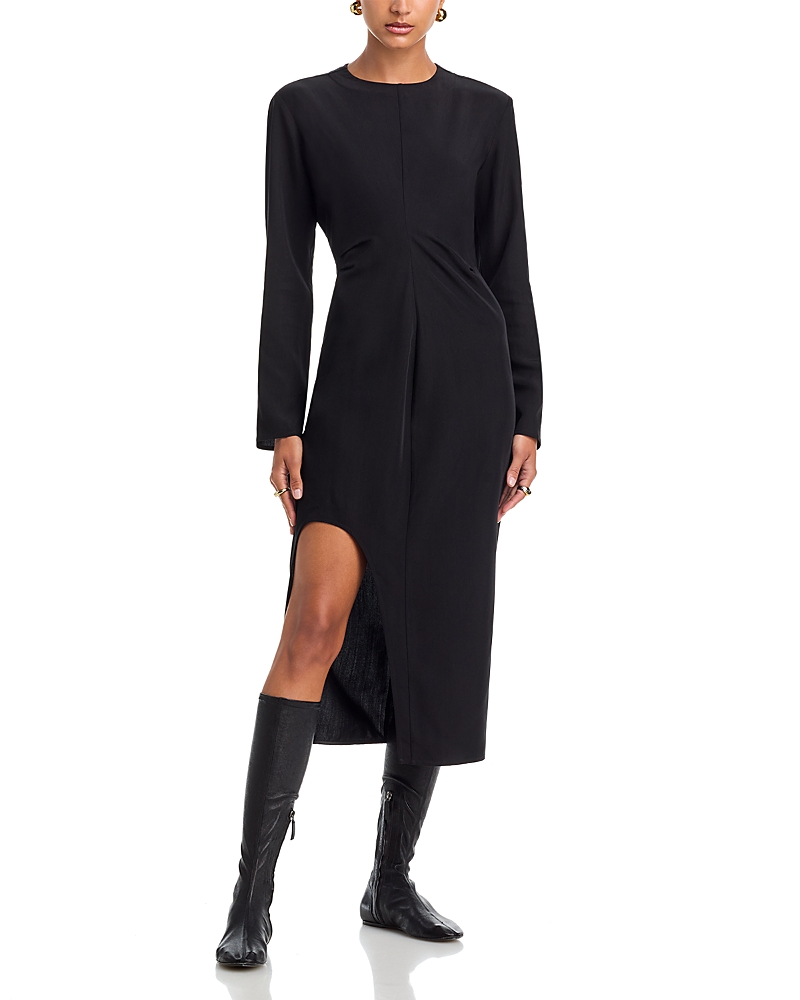 Co Keyhole Slit Ruched Long-sleeve Midi Dress In Black