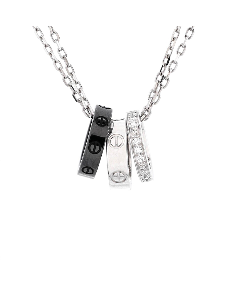 Pre-owned Pre-owned Cartier Cartier Love 3 Ring Pendant Necklace 18k White Gold And Ceramic With Diamonds
