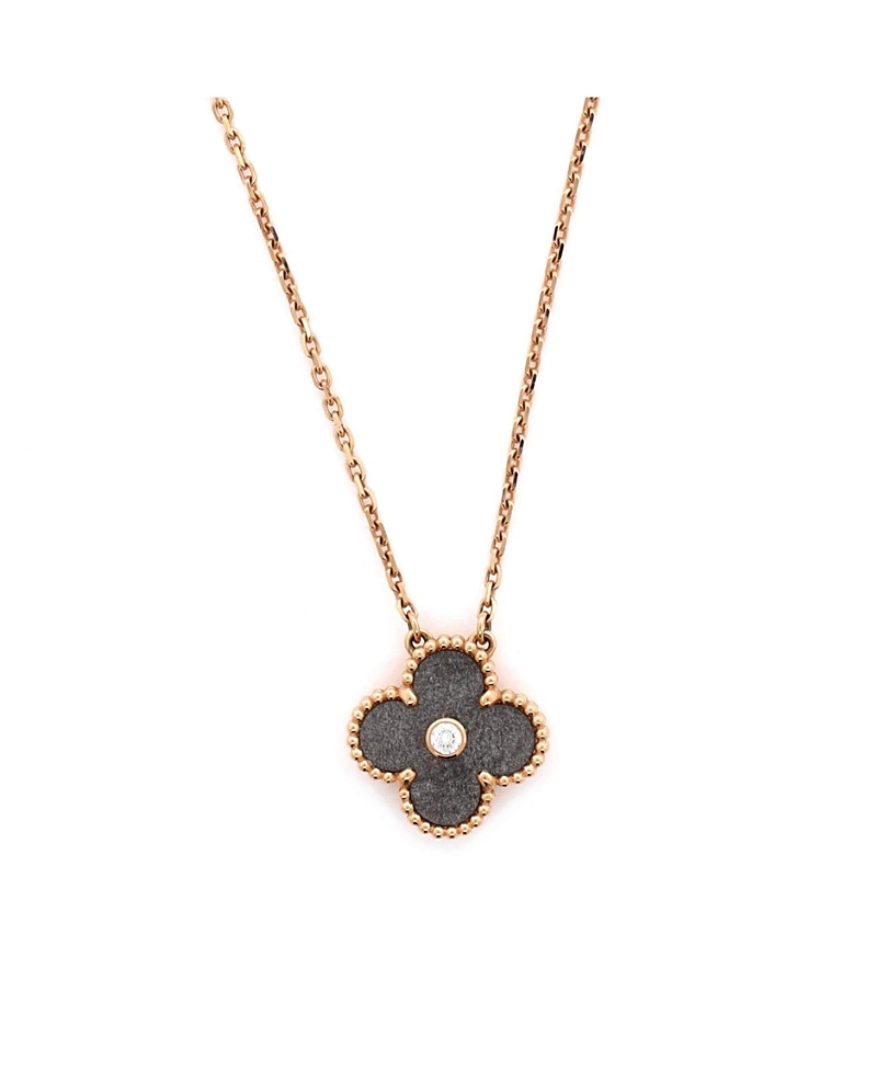 Pre-owned Pre-owned Van Cleef & Arpels Van Cleef & Arpels Vintage Alhambra Pendant Necklace 18k Rose Gold And Silver Obsidian Wit In Pink
