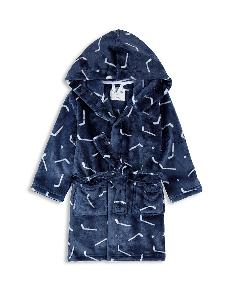 Petit Lem Boys' Hockey Sticks Print Plush Hooded Robe - Big Kid In Blue