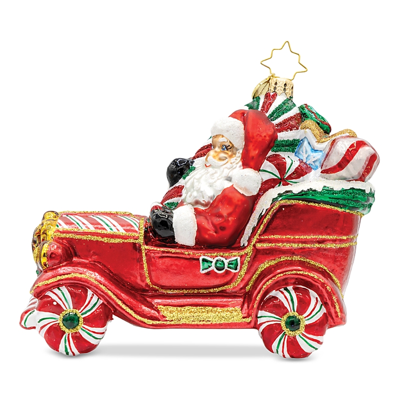 Christopher Radko Sweet Ride Cruiser Glass Santa Ornament In Red