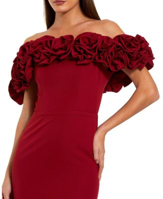 Crepe Off The Shoulder Column Gown With 3D Roses