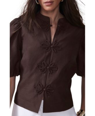  Women's Puff Sleeve Top with Flower Detail