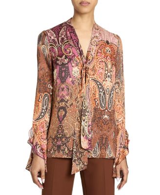 Sienna Long Sleeve Blouse with Neck Tie in Printed Charmeuse