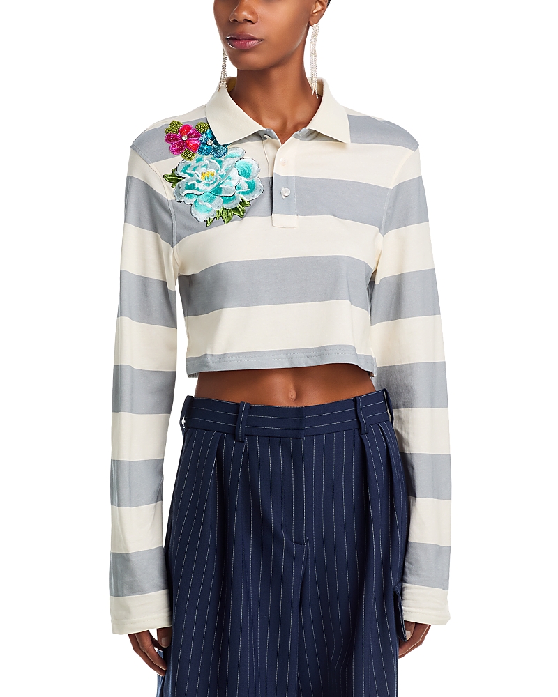 Area Embroidered Flower Rugby Stripe Crop Polo In Multi