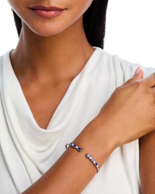 Blue Sapphire & Diamond Beaded Cuff Bangle Bracelet in 14K White Gold