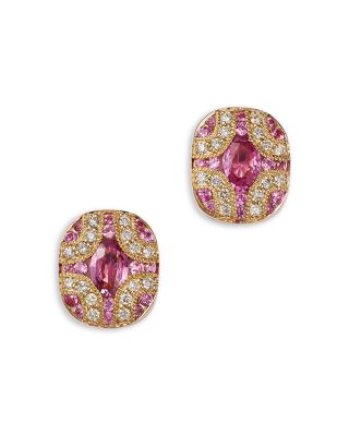 Pink Sapphire & Diamond Stud Earrings in 14K Yellow Gold