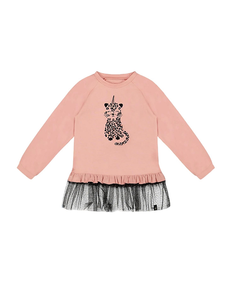 Deux Par Deux Long Bi-material Top With Mesh Ruffle Hem And Leopard In Pink