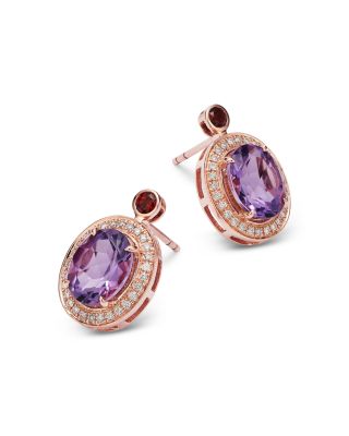 Amethyst, Garnet & Diamond Halo Stud Earrings in 14K Rose Gold