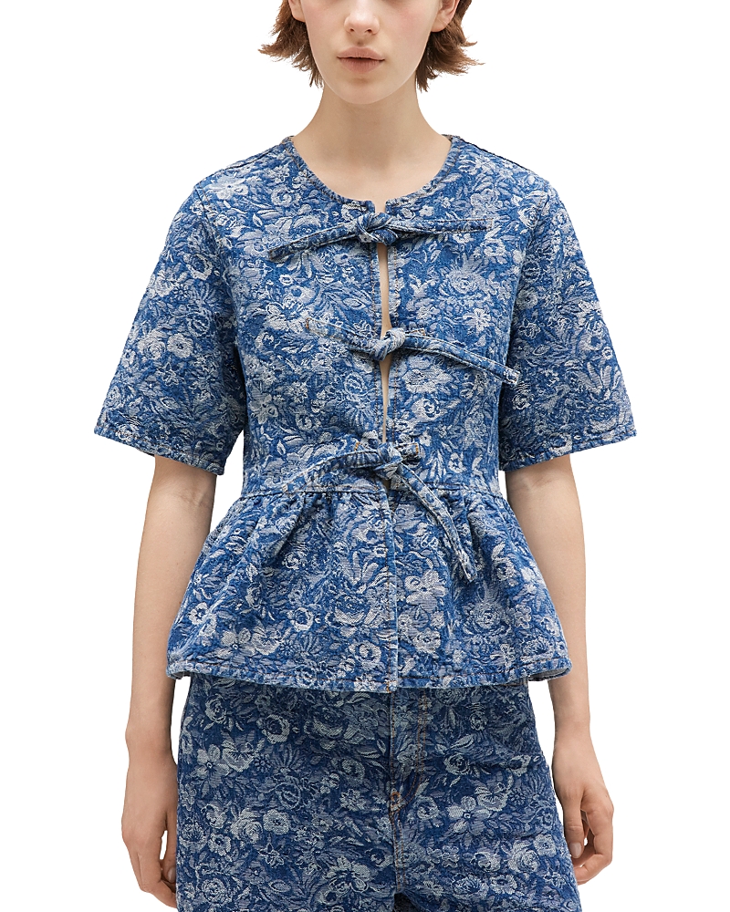 Ganni Tapestry Denim Peplum Top In Blue