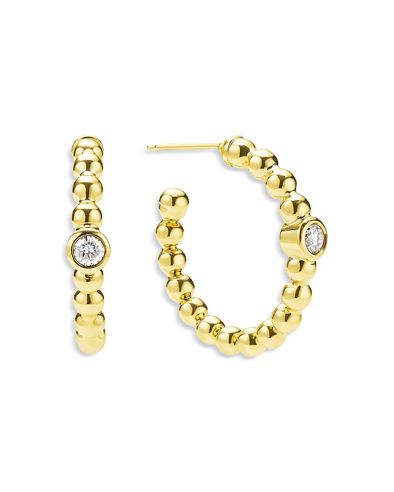 Lagos 18k Yellow Gold Caviar Gold Diamond Bezel Beaded Hoop Earrings In Gold