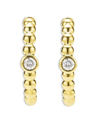 18K Yellow Gold Caviar Gold Diamond Bezel Beaded Hoop Earrings