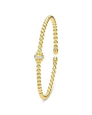 LAGOS 18K Yellow Gold Caviar Gold Diamond Rondelle Bead Flex Bangle Bracelet