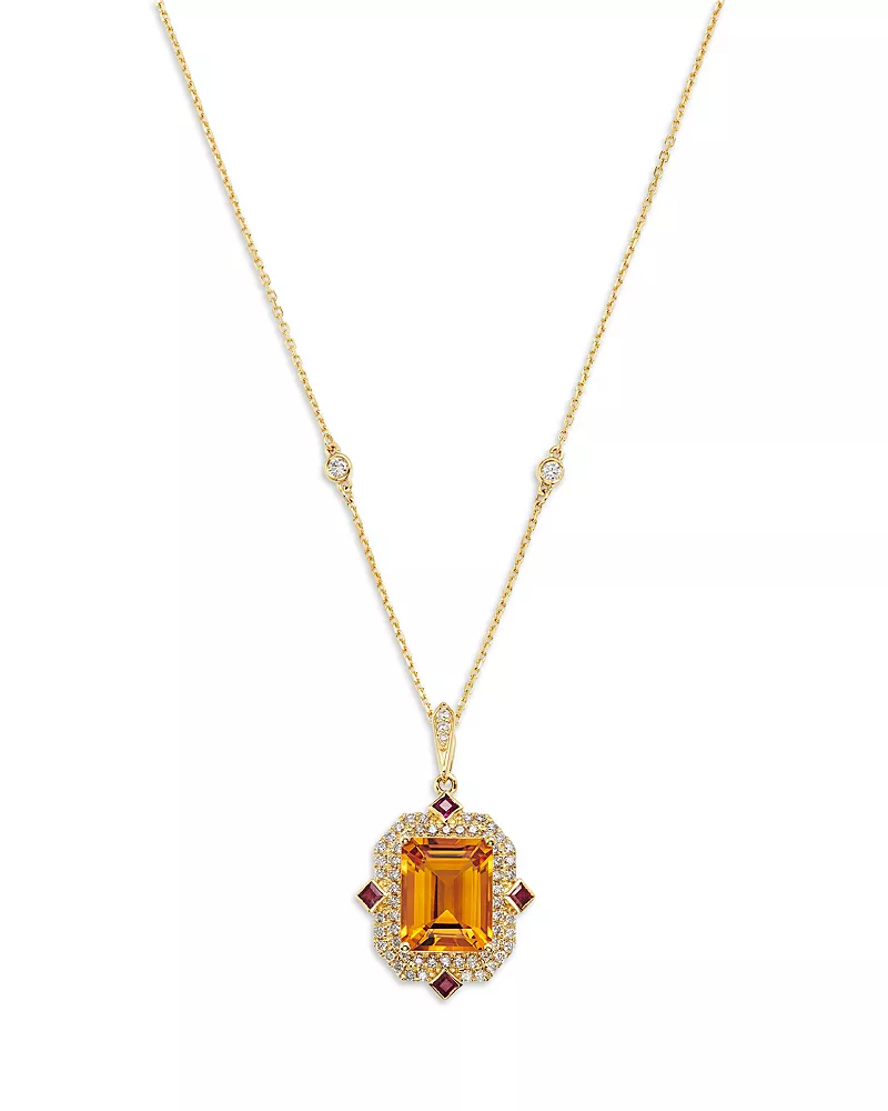 Bloomingdale's Fine Collection Red Citrine, Ruby & Diamond Halo Pendant Necklace in 14K Yellow Gold, 18