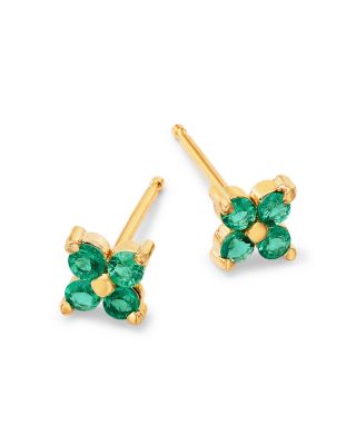 14K Yellow Gold Emerald Gemstones Emerald Flower Stud Earrings
