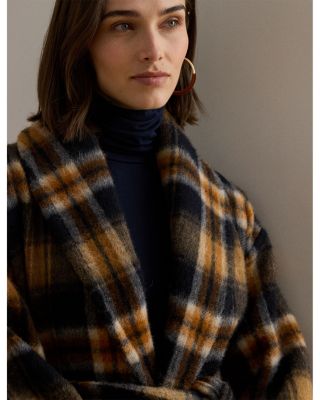 Plaid Wool Blend Shawl Collar Wrap Coat