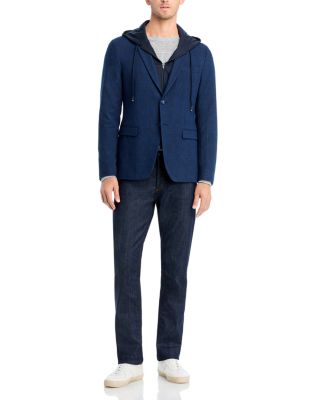 Tonal Plaid Jersey Sport Coat with Removable Hood