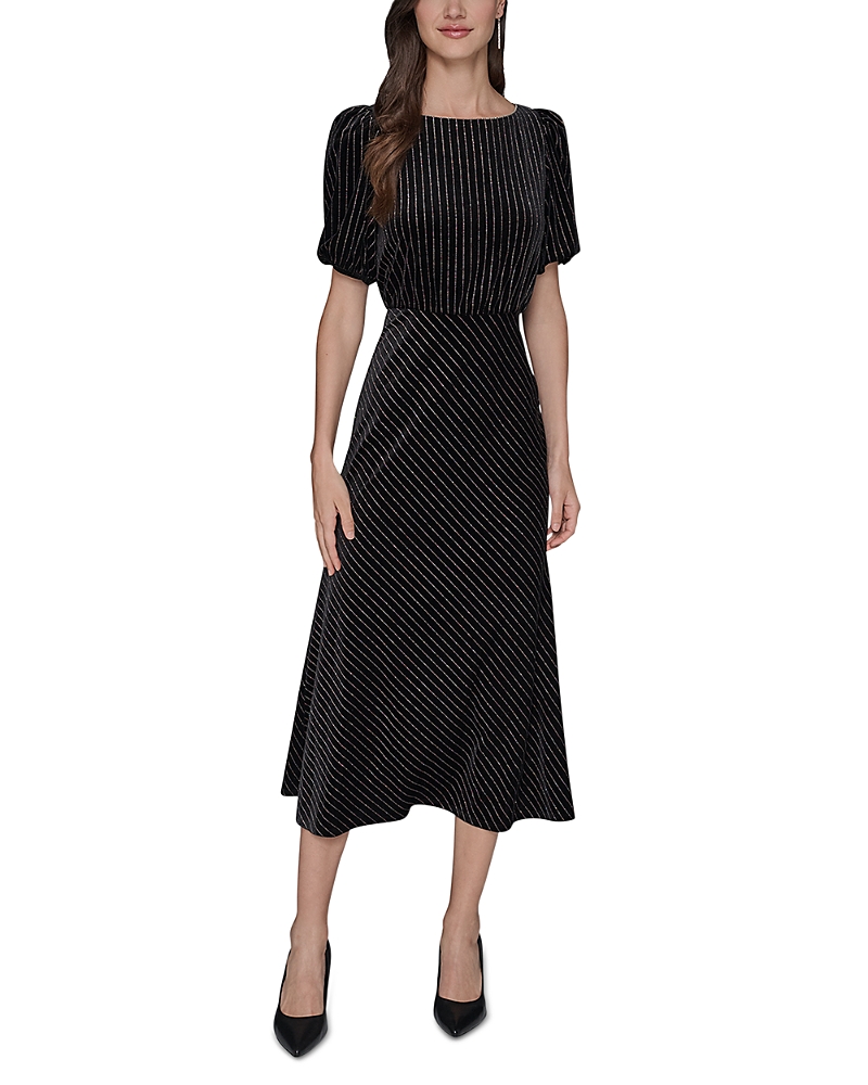 Karl Lagerfeld Velvet Pinstriped Midi Dress In Black