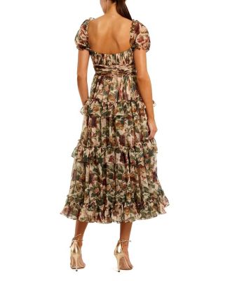 Chiffon Puff Sleeve A Line Midi Dress with Ruffles