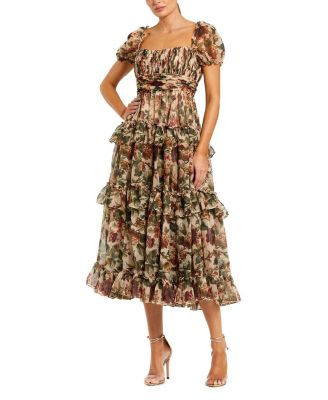 Chiffon Puff Sleeve A Line Midi Dress with Ruffles