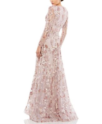 Embellished V Neck Illusion Long Sleeve A Line Gown