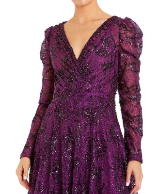 Embellished V-Neck Long Sleeve A Line Gown