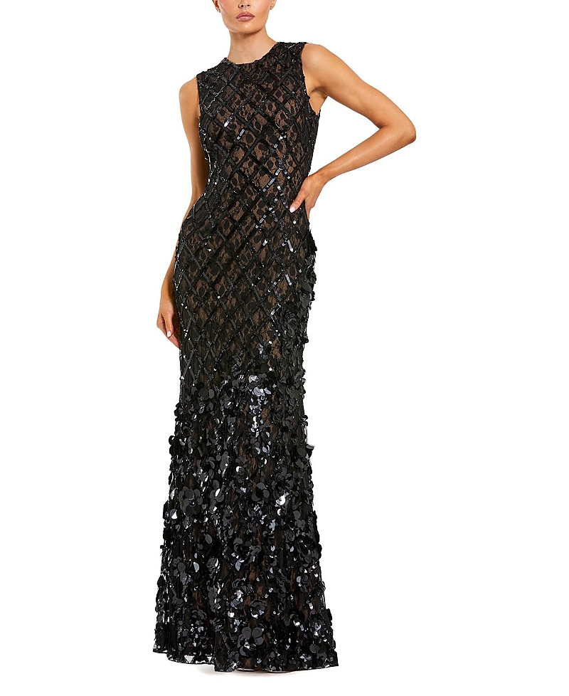 Mac Duggal Sleeveless Beaded Sequin Mesh Mermaid Gown In Black