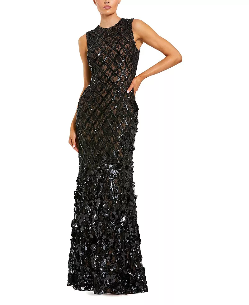 Mac Duggal Sleeveless Beaded Sequin Mesh Mermaid Gown