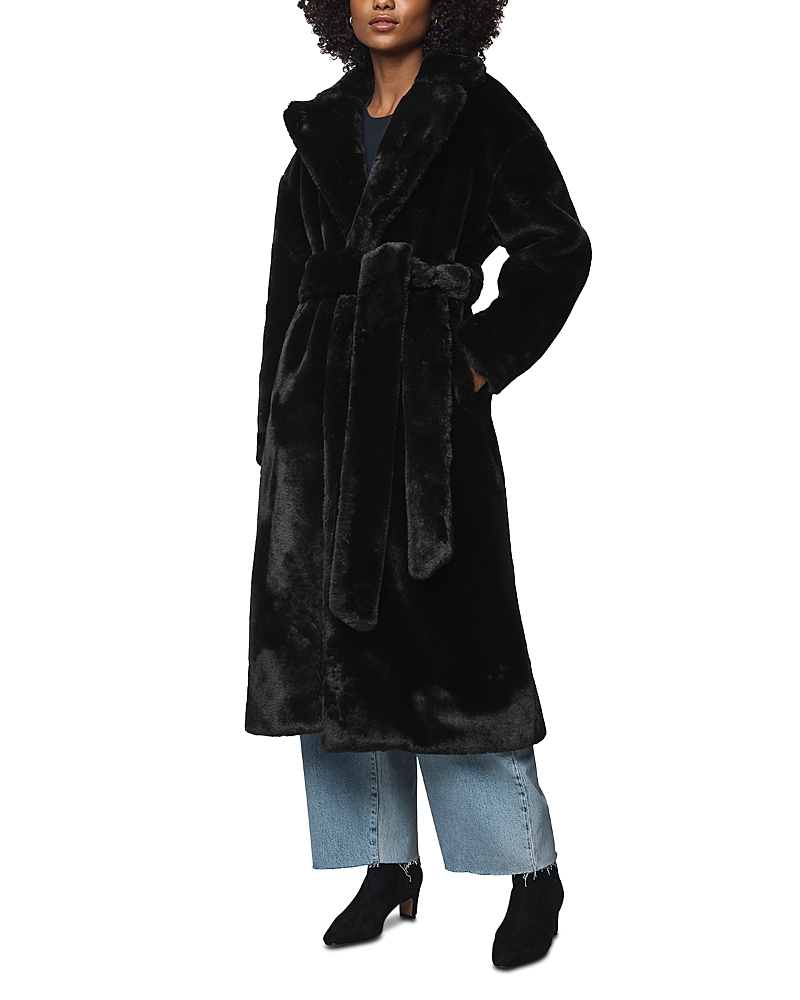 Splendid Lucia Tie Waist Faux Fur Coat In Black