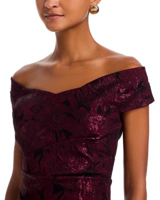 Floral Stretch Jacquard Off-the-Shoulder Ruched Gown