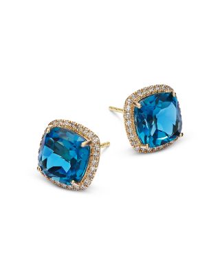 London Blue Topaz & Diamond Halo Stud Earrings in 14K Yellow Gold