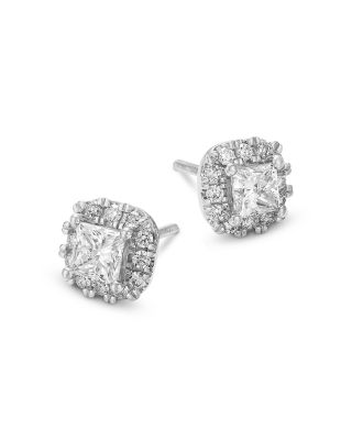 Diamond Princess Cut Halo Stud Earrings in 14K White Gold, 1.26 tcw