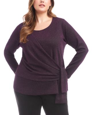 Plus Size Long Sleeve Metallic Knit Side Tie Top