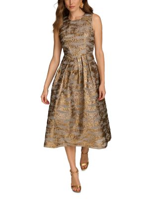 Brocade Midi A Line Dress With Illusion Neckline