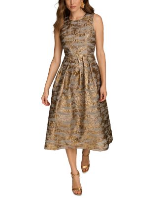 Donna Karan Brocade Midi A Line Dress with Illusion Neckline - Gilded Multi - 2