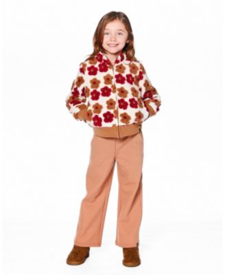 Girls' Full Zip Sherpa Jacket with Jacquard Floral Pattern - Big Kid