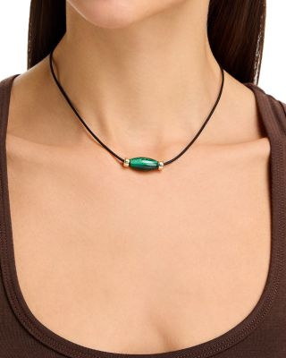 14K Yellow Gold Malachite Black Leather Cord Collar Necklace, 16"
