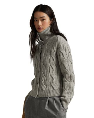 Cable Wool Cashmere Funnelneck Cardigan Sweater