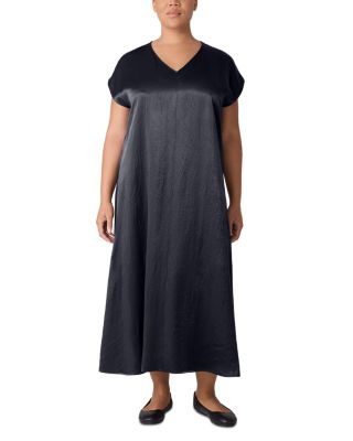 Satin V Neck Cap Sleeve Midi Dress