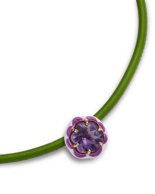 Sterling Silver & 9K Yellow Gold Amethyst Flower Green Leather Cord Pop Choker Necklace, 16.5"