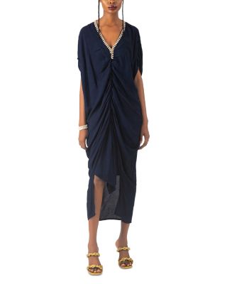 Olami Pearl Trim Asymmetric Midi Dress