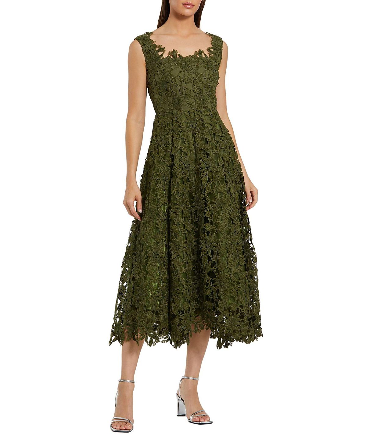Mac Duggal Sleeveless Square Neck Lace A Line Midi Dress