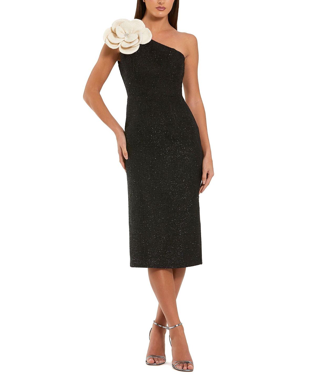Mac Duggal One Shoulder Boucle Midi Dress With 3D Flower