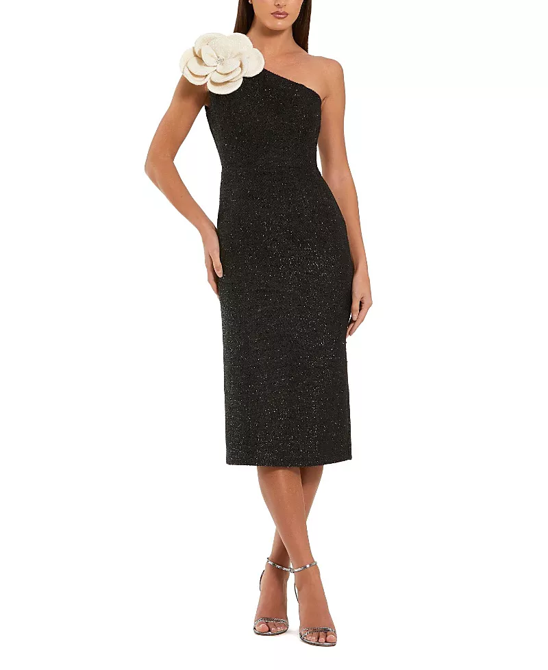 Mac Duggal One Shoulder Boucle Midi Dress With 3D Flower
