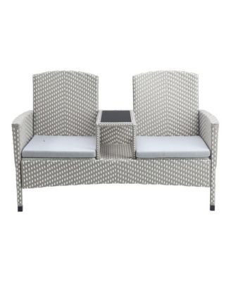 Outdoor PE Wicker Patio Conversation Loveseat with Built-in Glass End Table