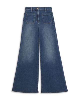 Petites Bella Wide Patch Pocket Jeans in Mid Blue